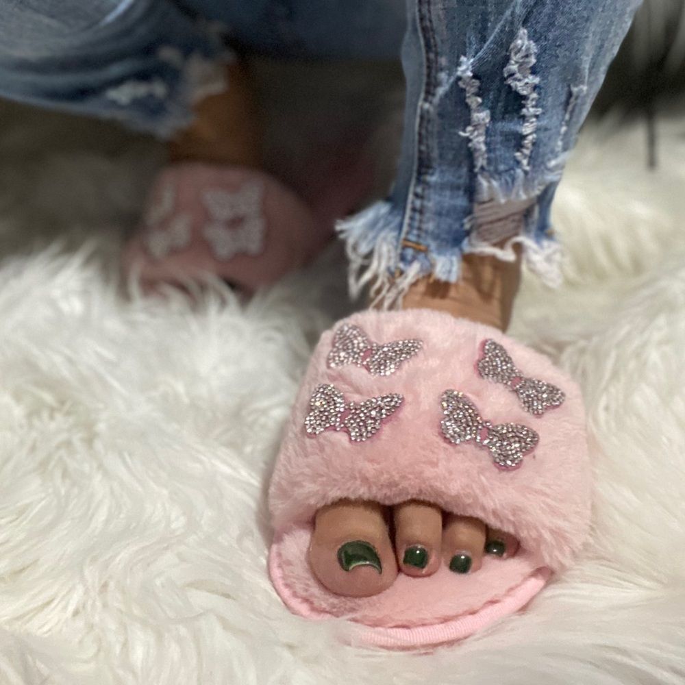 Blush Faux Fur Butterfly Slippers - Picture 7 of 7